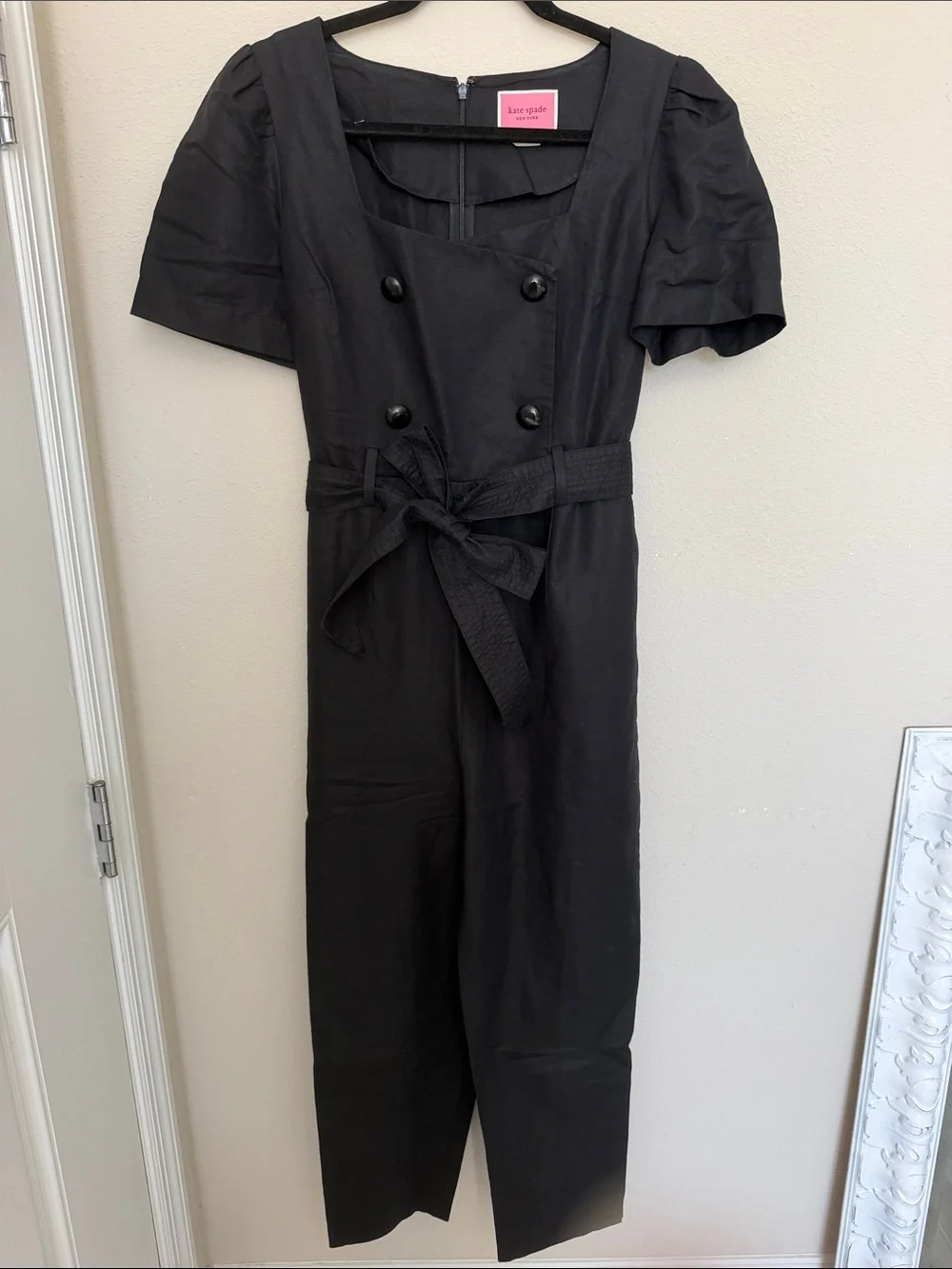 kate spade Black Double-Breasted Linen-Blend Jumpsuit with Tie Waist